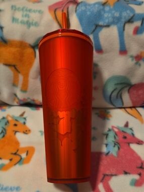 Starbucks Orange Metallic Tumbler with Matching Straw